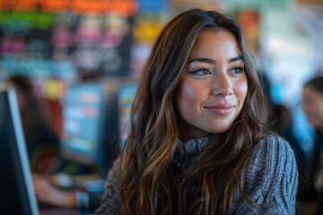 A young woman with wavy hair is focused on her computer, smiling softly in a lively classroom filled with students. Bright colors on the wall create an engaging learning environment