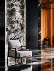 Luxurious Interior with Gray Armchair, Marble Walls, and Gold Accents