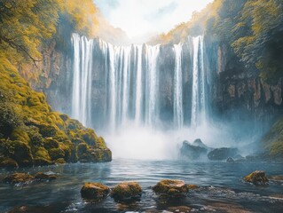 A mesmerizing, photorealistic watercolor rear view of a majestic waterfall