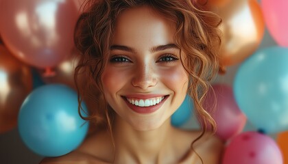 Naklejka premium Happy young woman with curly hair, beaming with joy, surrounded by vibrant balloons, creating a festive atmosphere.