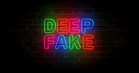 Deep fake artificial intelligence neon symbol on brick wall. Manipulation digital technology light color bulbs. Loopable and seamless abstract concept animation. - Powered by Adobe