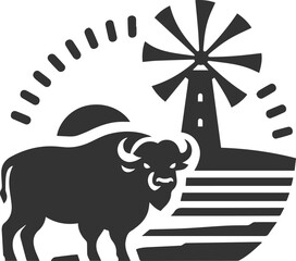Buffalo with a windmill in the distance animal vector silhouette