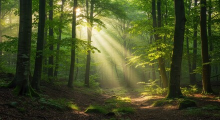 Sunlight Streaming Through Lush Green Forest Trees, Creating a Serene Atmosphere