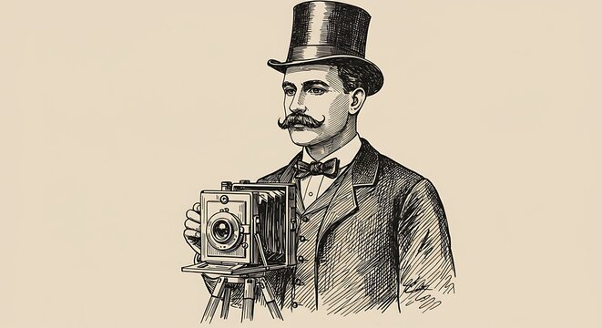 Vintage illustration, Victorian era photographer, man with mustache, top hat, formal suit, antique camera, sepia tones, detailed etching style, historical portrait, 19th century technology