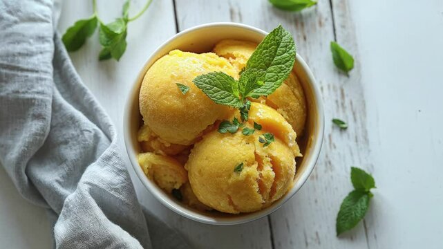 Refreshing Mango Sorbet in a Bowl with Fresh Mint and Basil Garnish