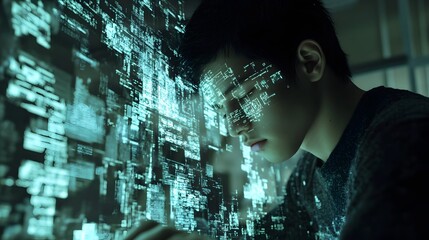 Hacker immersed in code, futuristic interface reflects on face, digital world meets reality.