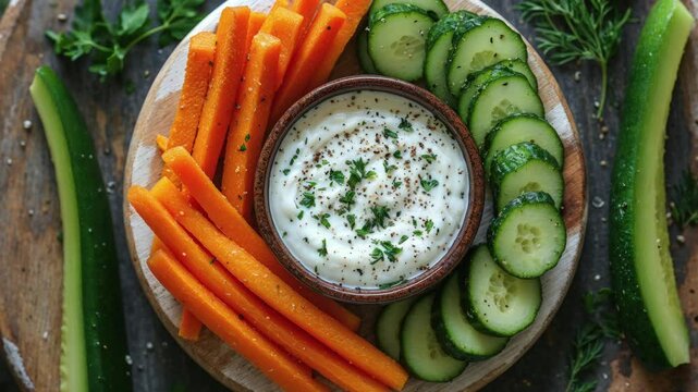 Healthy Vegetable Platter with Carrots, Cucumbers, and Herb Dip on Wooden Board