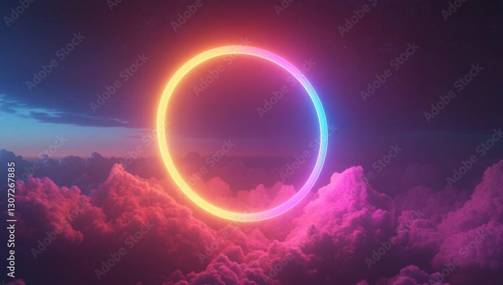 Poster ethereal circle of light surrounded by vibrant clouds at twilight creating a dreamlike atmosphere in