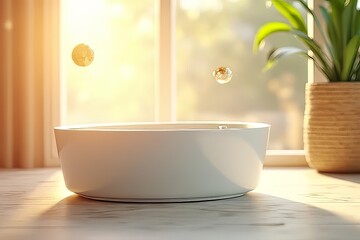 Fototapeta premium Modern White Bathtub in Natural Sunlight with Floating Bubbles