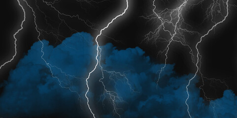 Lightning strikes in sky. Strong thunder storm in black clouds. Fork lightning striking down during summer storm. Marble texture, decorative dark stone. Blue neon.


