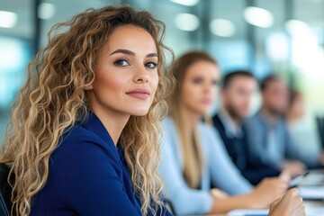 Obraz premium Thoughtful Woman Amidst Focused Colleagues In Meeting