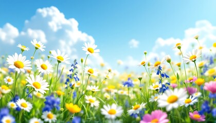 Fototapeta premium Daisy Flowers Blooming in a Colorful Meadow Under a Bright Blue Sky