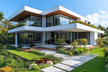 Modern white house with a garden, stone pavement, and concrete path leading to the entrance, showcasing contemporary architecture and sunny outdoor setting.