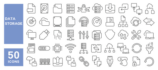 Set of 50 line icons related to data storage, hosting, protection, cloud, computing, database, storage, server, system, file, transfer, recovery, memory, drive, Editable stroke. Vector illustration