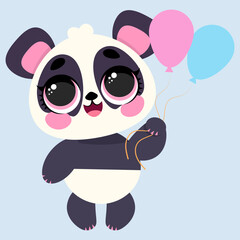 Charming panda holding pastel balloons, radiating joy and celebration. Ideal for party invitations, children’s decor, greeting cards, and playful designs