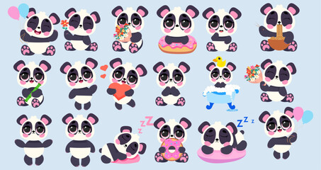 Cute panda character set with various emotions and activities such as hugging, sleeping, dancing, holding flowers and gifts perfect for stickers, prints, kids and love-themed designs