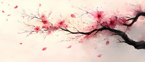 Pink cherry blossom branch, spring, soft background, Asian art