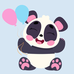 Happy baby panda holding pastel balloons, smiling with joy on a light blue background