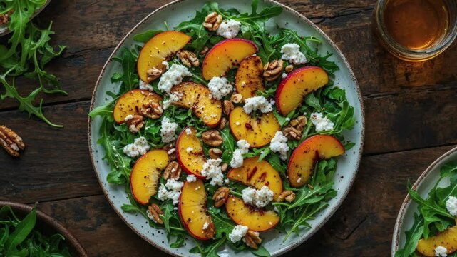 Fresh Peach Arugula Salad with Goat Cheese and Pecans on Wooden Table