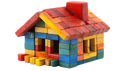 Obraz premium Colorful Wooden Toy House Stands Isolated on White Background