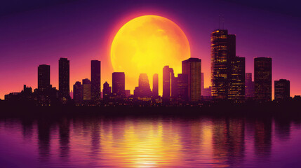 Obraz premium Synthwave Cityscape Sunset with Yellow Moon and Water Reflection