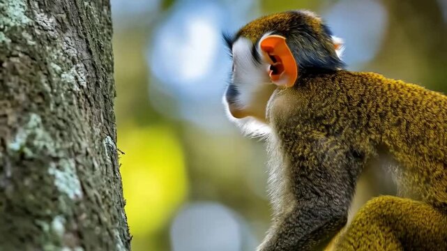 A monkey is sitting on a tree branch. smooth repeating motion for background video animation