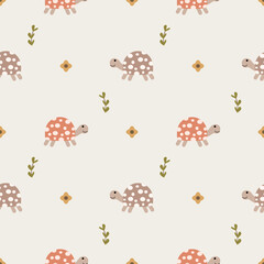 Turtle cartoon so cute. On flower seaweed background. Pattern seamless vector illustration. 