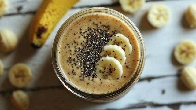Banana Smoothie with Chia Seeds and Banana Slices on Rustic White Table