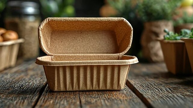 Empty biodegradable food container on rustic wooden table, eco-friendly packaging, sustainable dining