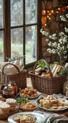 Illustrate a cozy indoor picnic setting with rustic baskets and wholesome treats