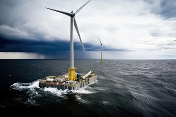 Wind turbines generate renewable energy offshore in stormy weather conditions