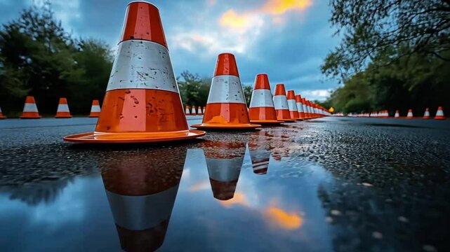 Road construction cones in puddle, sunset reflections, safety precautions