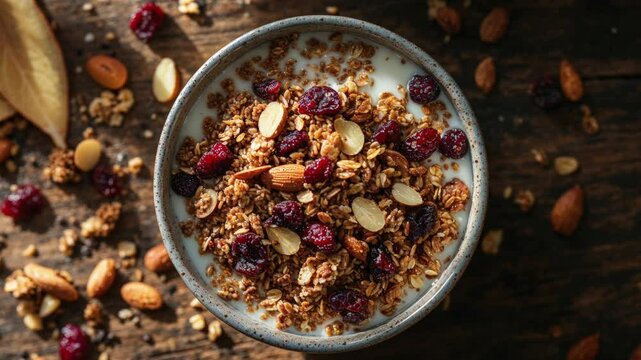 Rustic Breakfast Bowl with Yogurt, Granola, Nuts, and Dried Cranberries