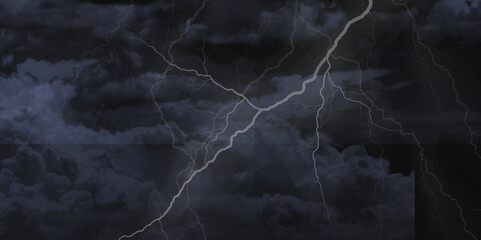 Lightning strikes in sky. Strong thunder storm in black clouds. Fork lightning striking down during summer storm. Marble texture, decorative dark stone. Blue neon.


