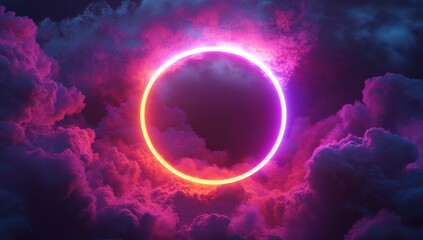 Obraz premium Ethereal Neon Circle Surrounded by Vibrant Clouds in a Mystical Night Sky with Dramatic Lighting and Colorful Effects