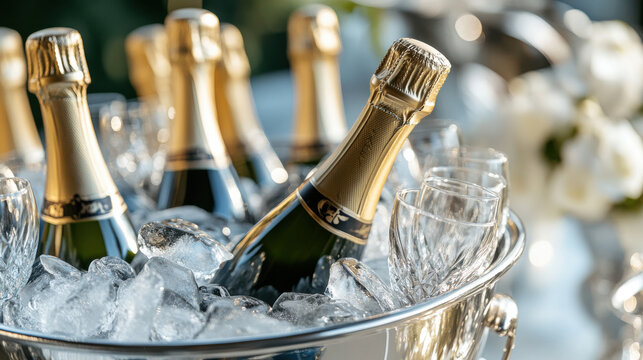 Chilled champagne bottles in silver bucket with ice and glasses