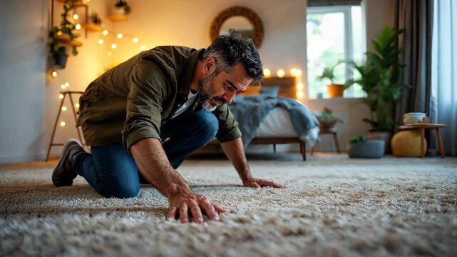 Lost and Found: A contemplative man searches the carpet in his home, perhaps for a lost object, lost in thought, or seeking something deeper.