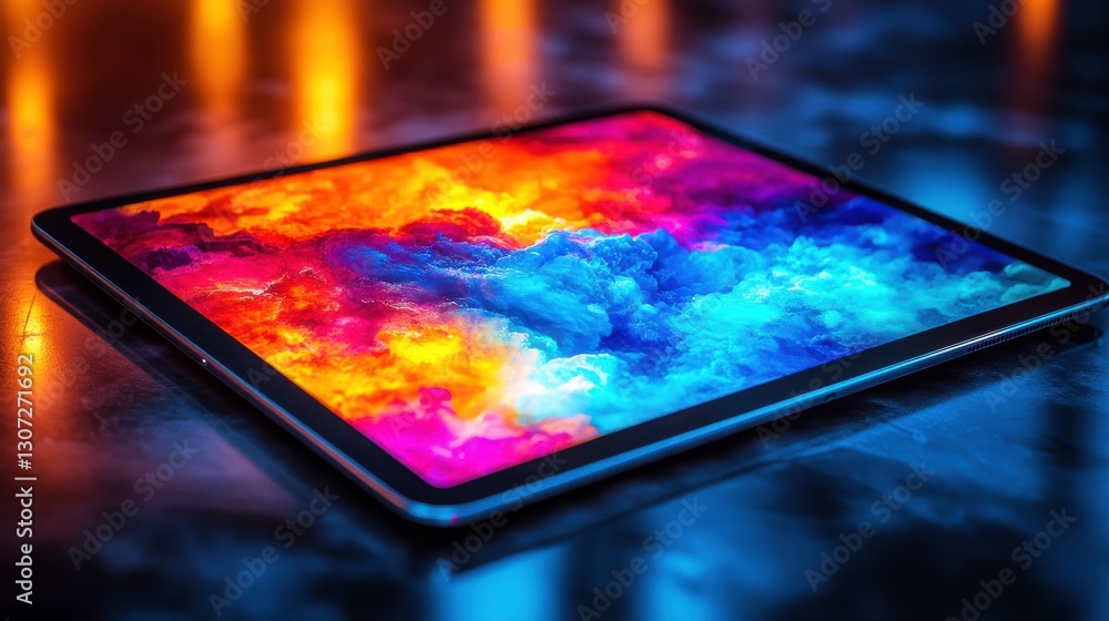 Poster a vibrant tablet displays a colorful abstract pattern against a blurred, illuminated background, cre