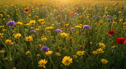 Fototapeta premium Vibrant wildflower field at sunset with diverse blooms and soft sunlight