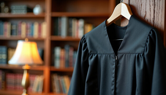 Judge's robe hanging in a library