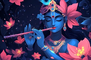 An easy-to-edit vector artwork of Lord Krishna playing a flute against a background of greetings for the Indian festival of Janmashtami. Generative Ai