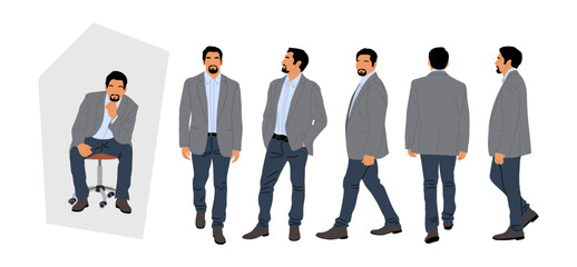 Set of Businessman character in different poses. Handsome man with beard in smart casual clothes standing, walking, sitting, front, back, side view. Vector illustrations isolated