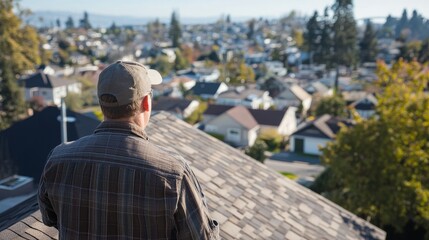Fototapeta premium Man Observing Scenic View From Rooftop Overlooking Neighborhood