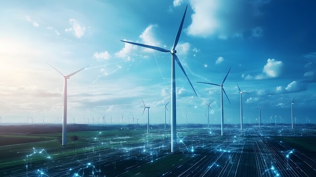 Wind turbine farm with data network overlay, showcasing sustainable energy and technological integration