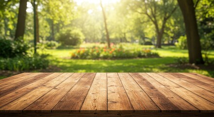 Wooden table in a sunlit park with blooming flowers and lush greenery