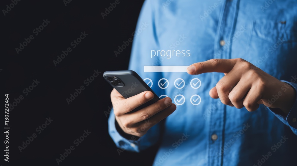 Poster user engaging with progress tracker on smartphone indoor setting digital interaction modern environm