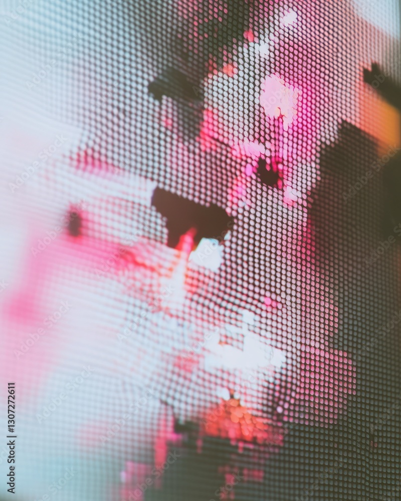 Poster abstract close-up of illuminated screen with pink and white patterns on a dark background. grid stru