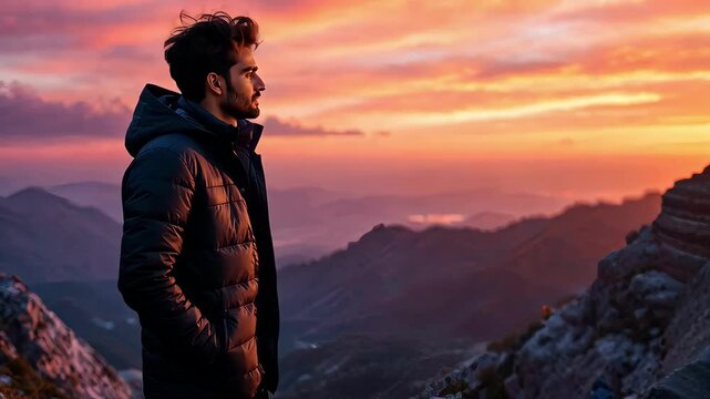 Awe-Inspiring Vista: A man, jacket clad, stands poised atop a majestic mountain range, gazing at a vibrant, fiery sunset. A portrayal of serenity, adventure, and introspection. 