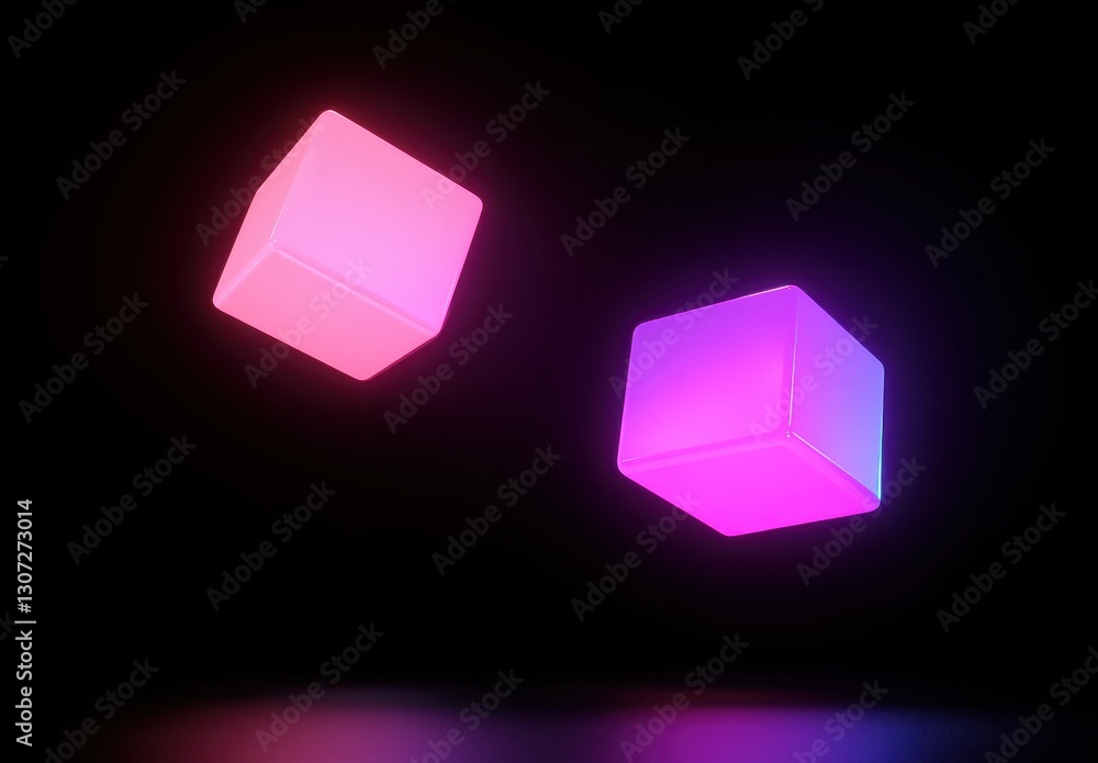 Poster floating geometric cubes with vibrant neon colors in a dark environment showcasing modern abstract a