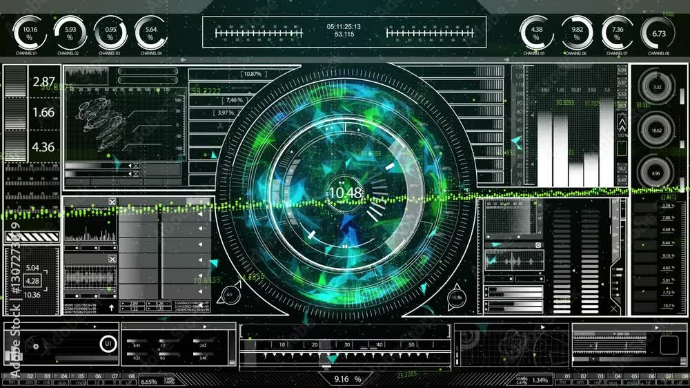 Poster animation of futuristic digital interface with circular patterns and data in school